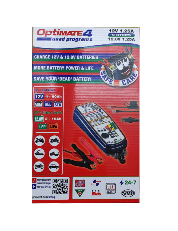 Automatic Battery Charger and Maintainer for Lead 12V/Lithium 12.8V - Optimate 4 Quad Program